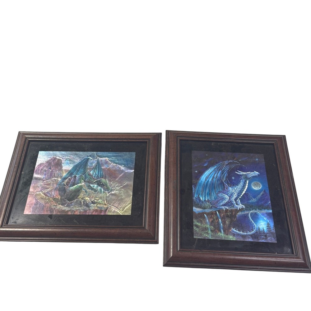 Vintage 90s Holographic Dragon Art Prints Set of 2